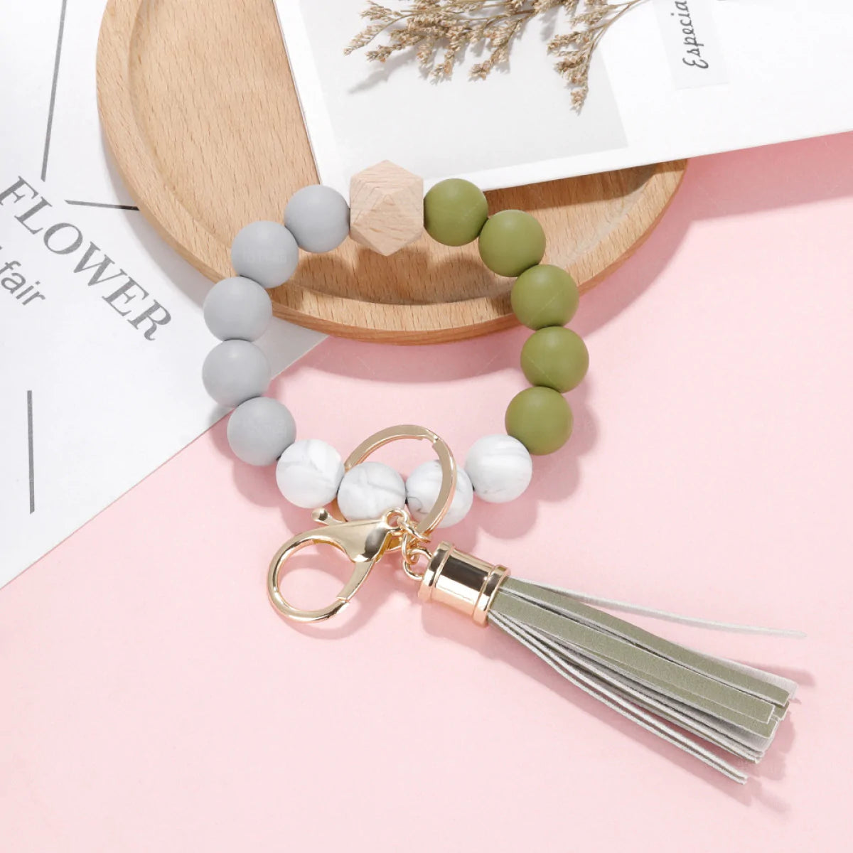 Colorblock Beaded Bracelet with Tassel Keychain