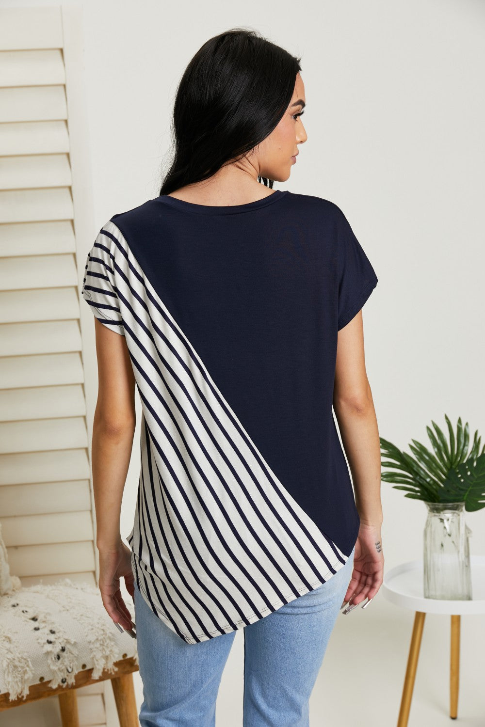 SIZE XL Striped Color Block Tee in Navy