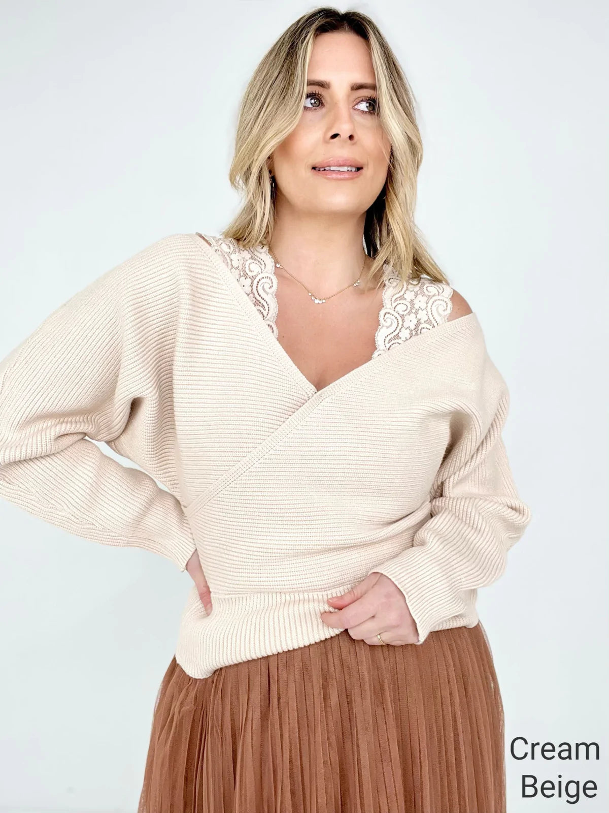 Davi & Dani Lace Strap Batwing Sleeve Drop Shoulder Sweater Top