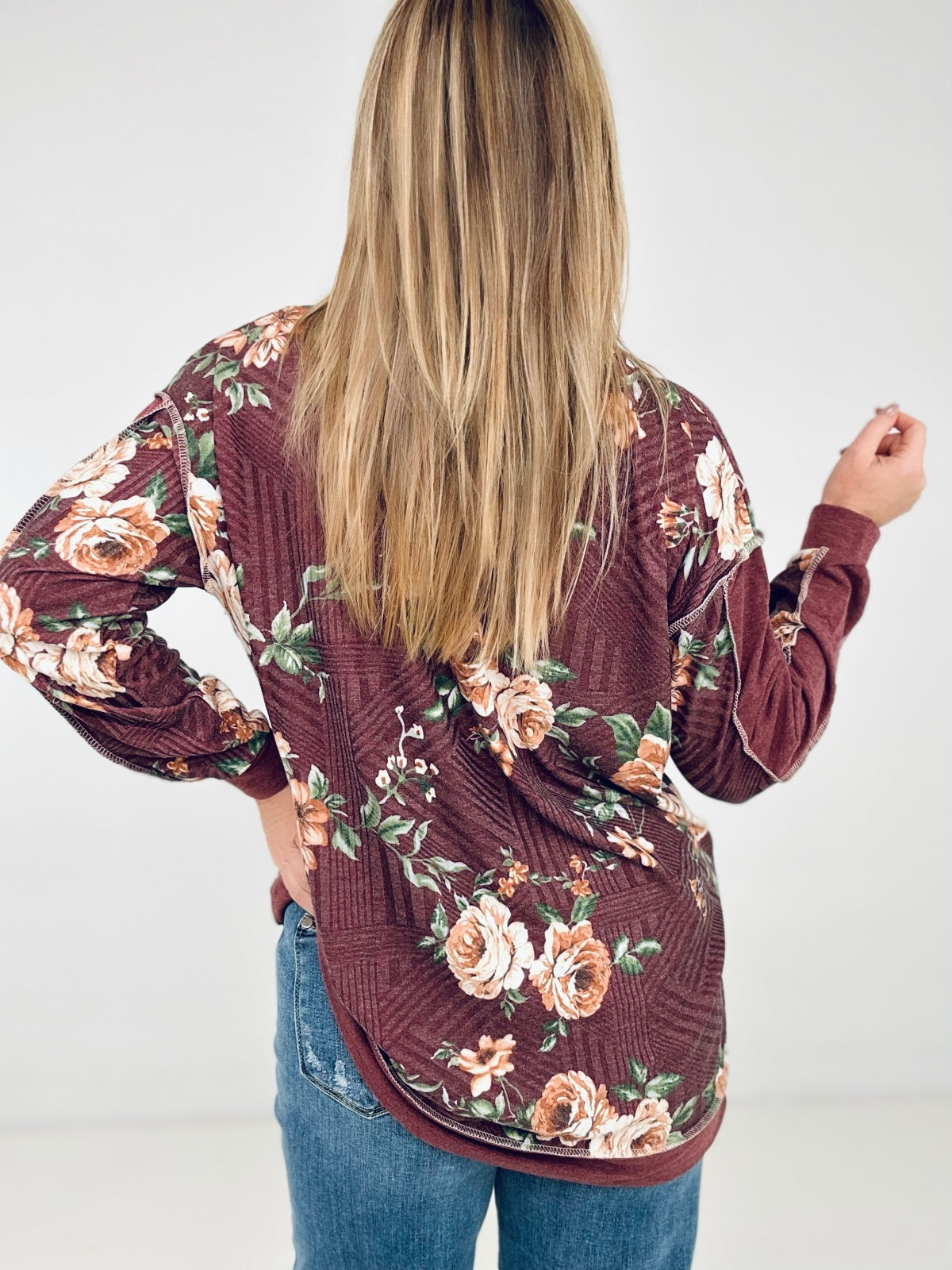 Floral Print Jacquard Knit Sweatshirt With Cut Edge