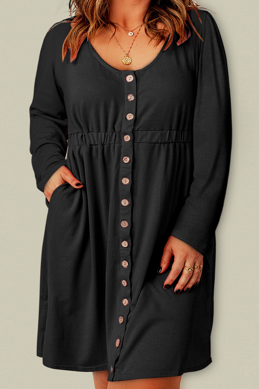 Plus Size Button Front Long Sleeve Dress - (Gray, Pink, Black and Green)