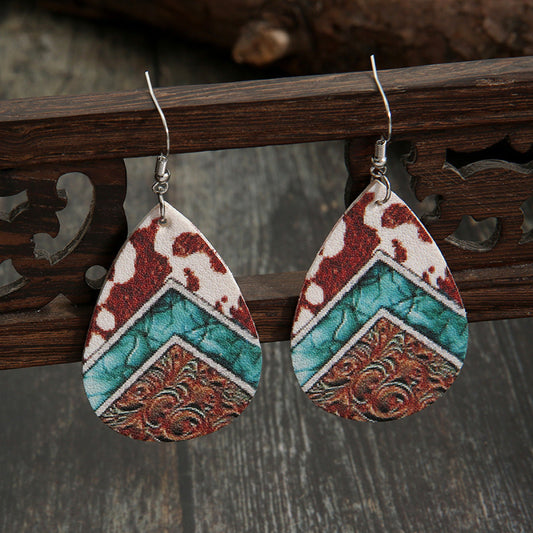 Retro Teardrop Cow/Leopard Pattern Drop Earrings