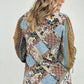 Floral Print Woven W/Stripe Ruched Sleeves Top
