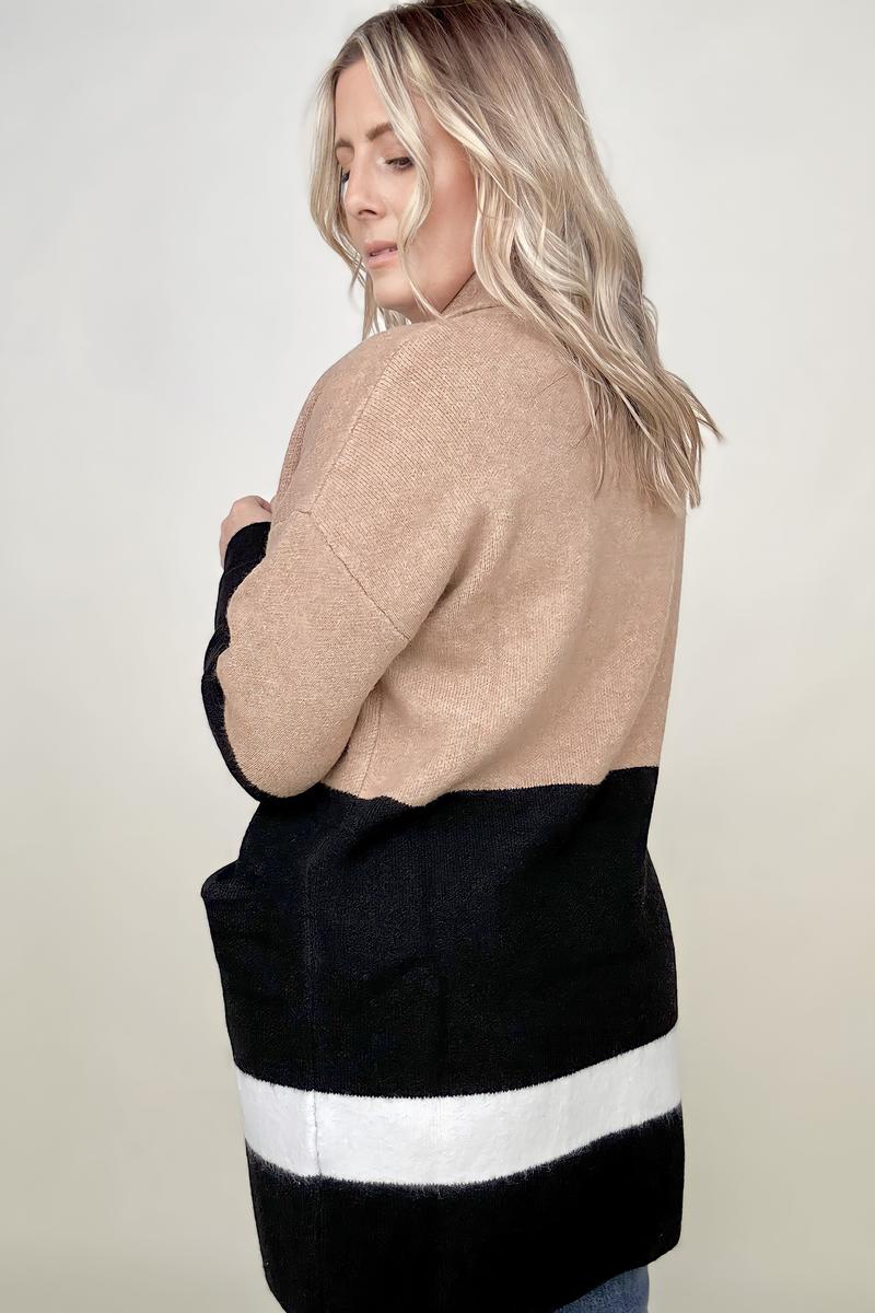 Latte Colorblock Cardigan With Patch Pockets