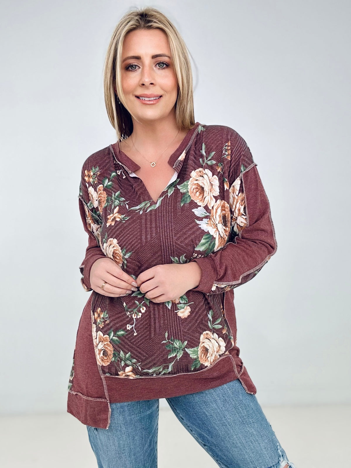 Floral Print Jacquard Knit Sweatshirt With Cut Edge