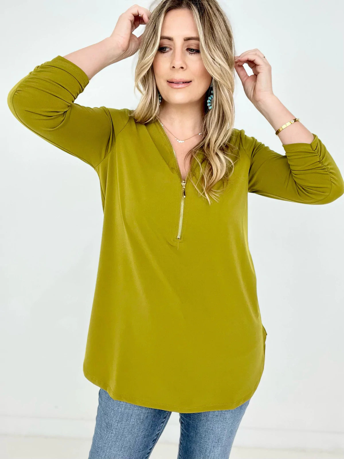Front Zip-Up 3/4 Sleeve Top
