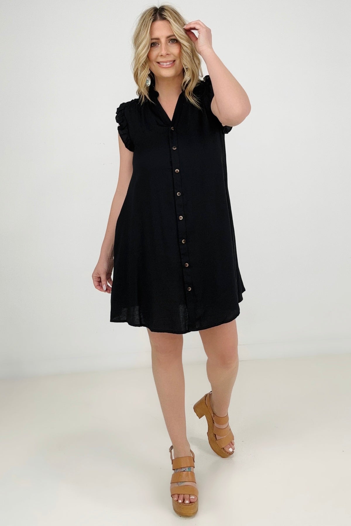 Button Down Mini Dress with Ruffle Sleeves