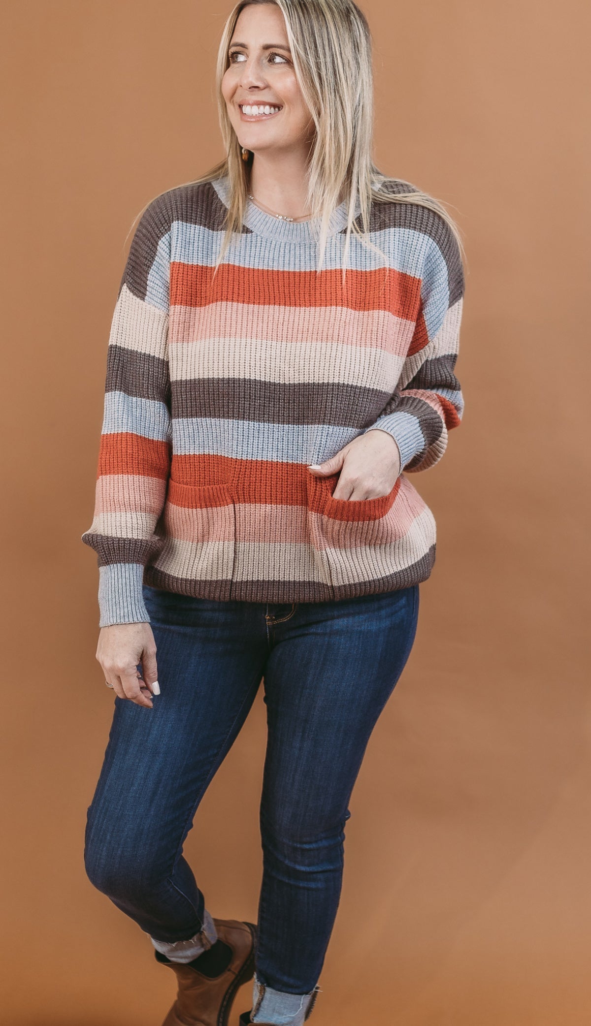 Multi Stripe Round Neck Long Sleeve Sweater with Pockets
