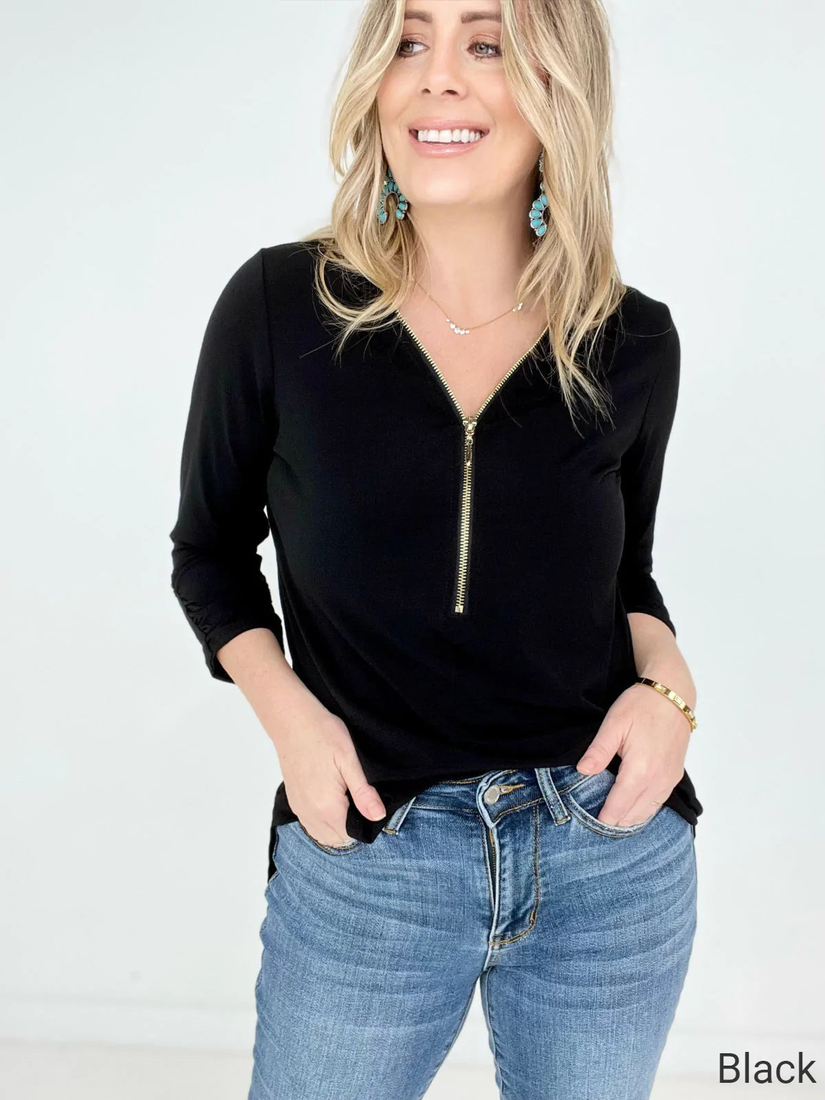Front Zip-Up 3/4 Sleeve Top
