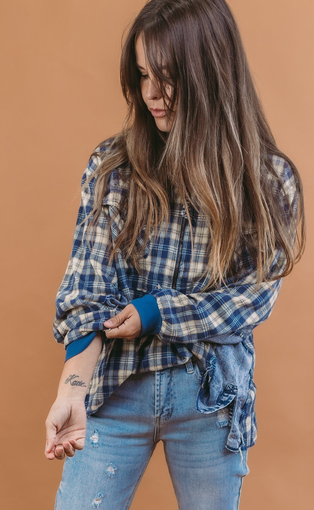 Comfy Half Zip Plaid Chambray Mixed Pullover