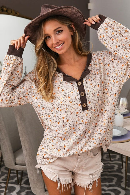BiBi Floral Fiona Button Detail Long Sleeve Top