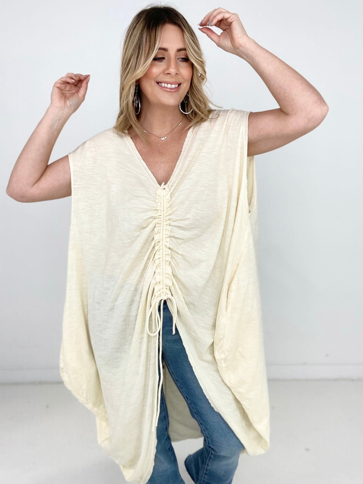 Oli & Hali Mineral Washed Cinched Front Cocoon Sleeveless Long Top