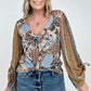 Floral Print Woven W/Stripe Ruched Sleeves Top