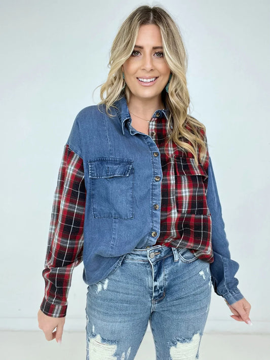 Washed Plaid Denim Shirt with Flap Pockets