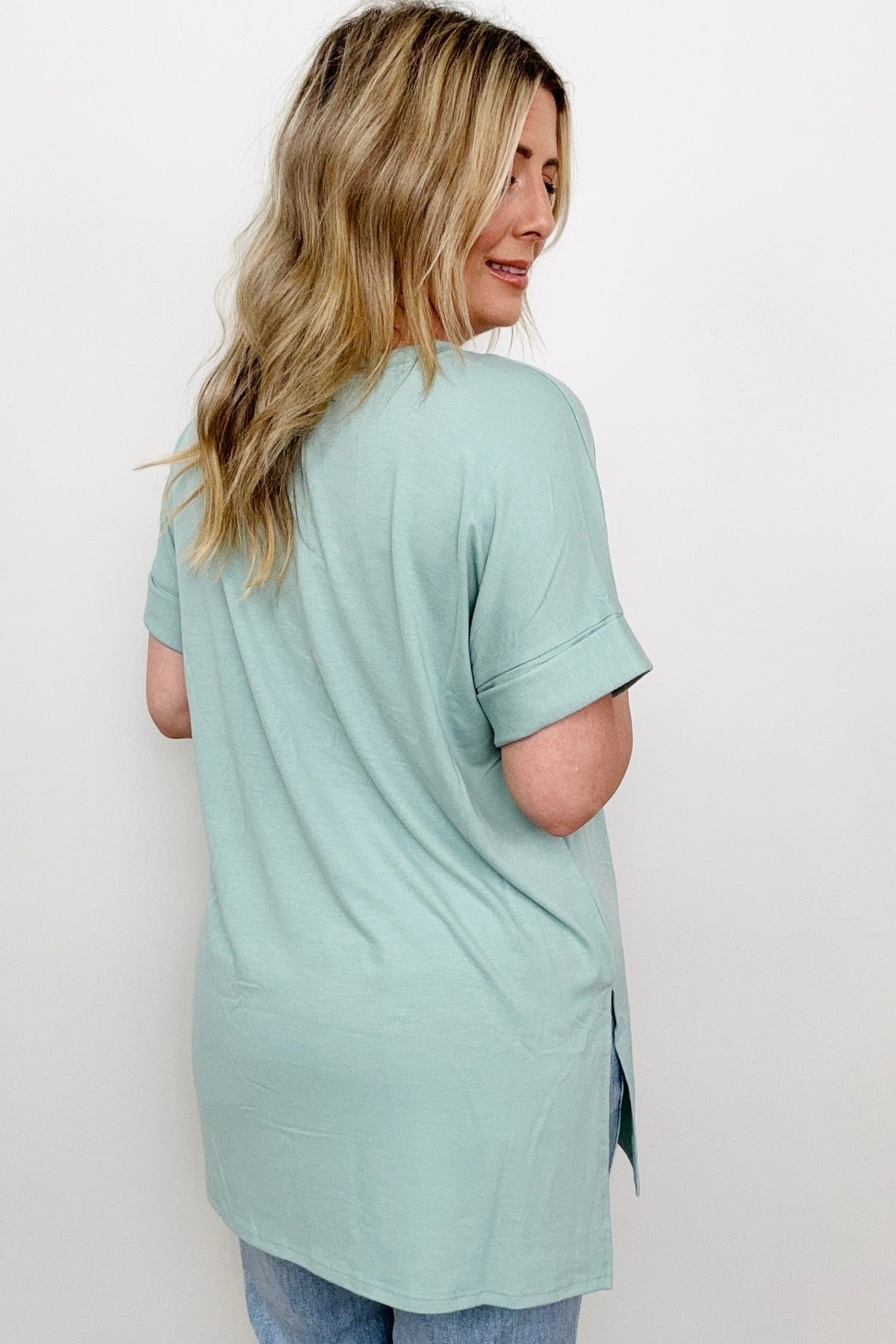 Cuffed Sleeve High-Low Hem Top