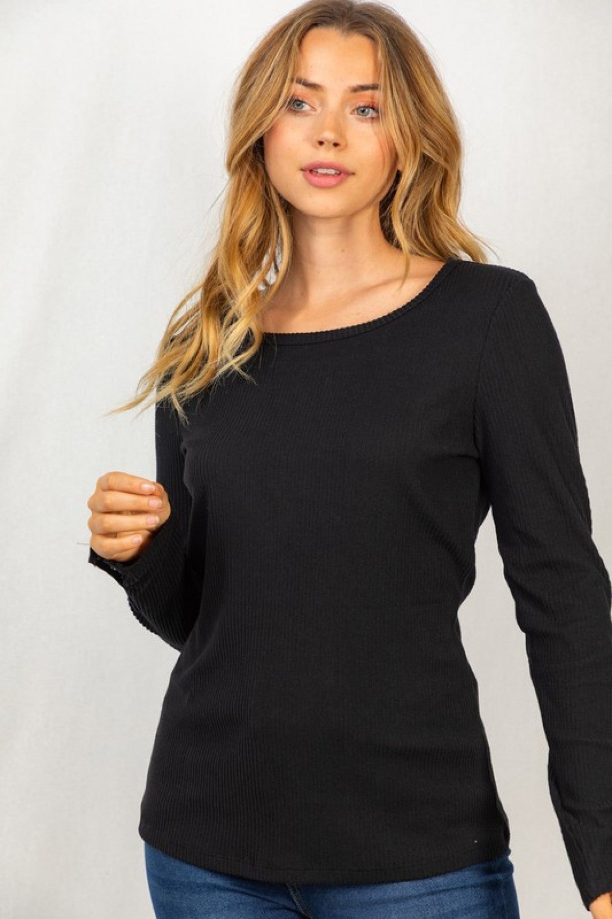 Boat Neck Long Sleeve Solid Ribbed Knit Top