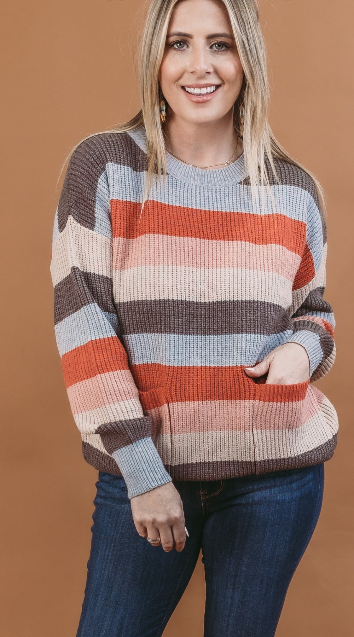 Multi Stripe Round Neck Long Sleeve Sweater with Pockets