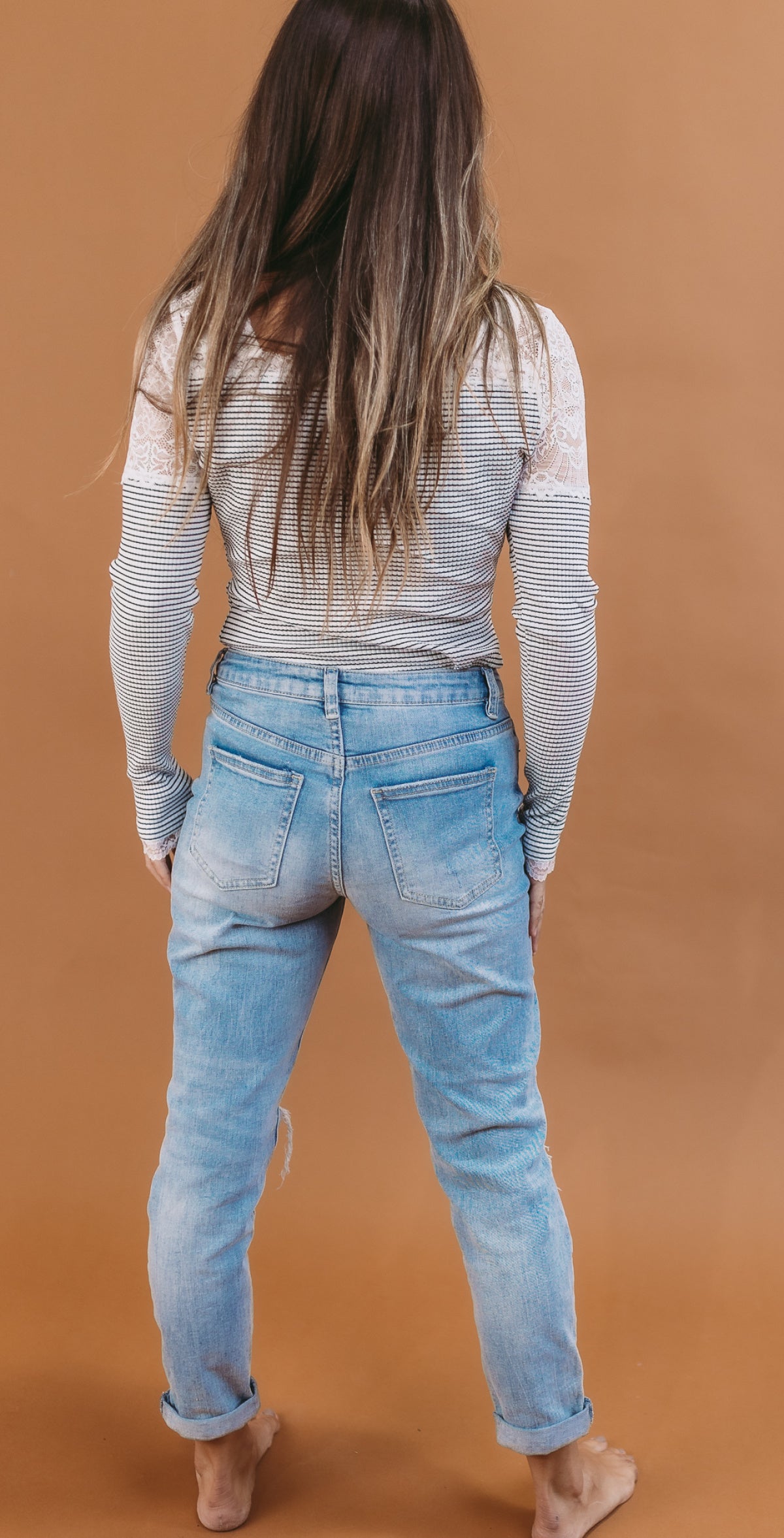 Long Sleeve Striped Bodysuit W/ Lace Trim