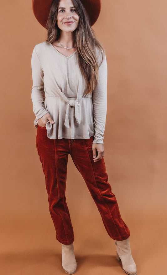 Long Sleeve Solid Front Tie Knit Top