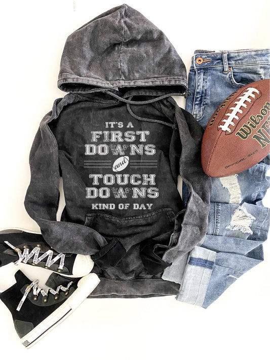 PREORDER: First Downs and Touchdowns Vintage Wash Hoodie In Assorted Colors