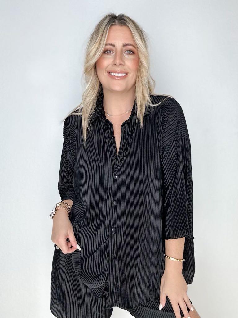 Pleated Button Down Top And Shorts Set in Black