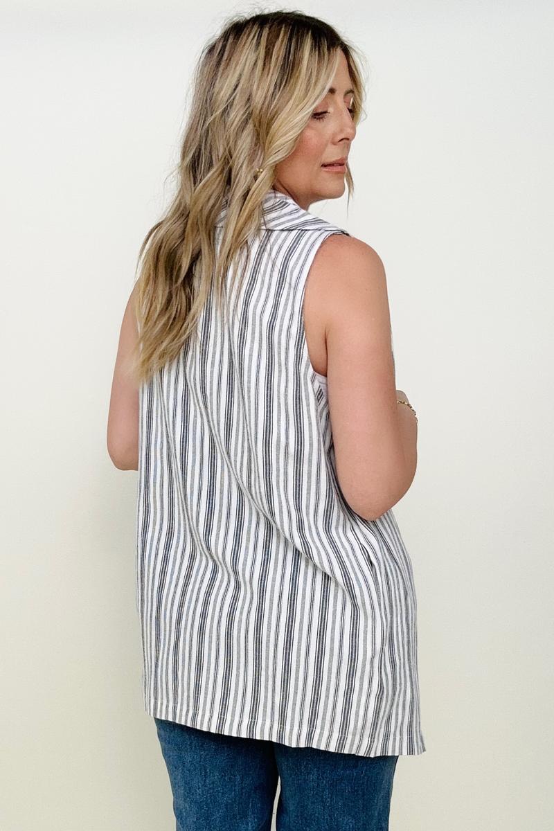 Linen Blend Striped Sleeveless Blazer Vest