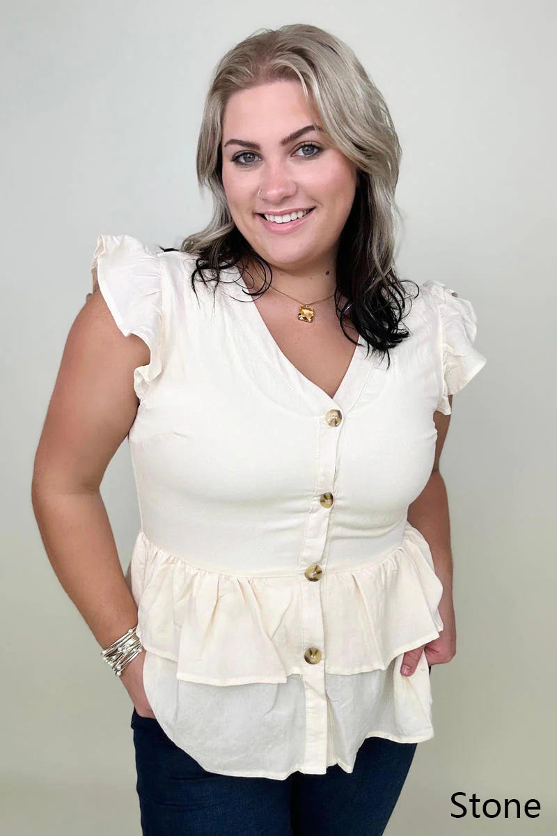 Button-Down Ruffle Hem Top - 2 Colors