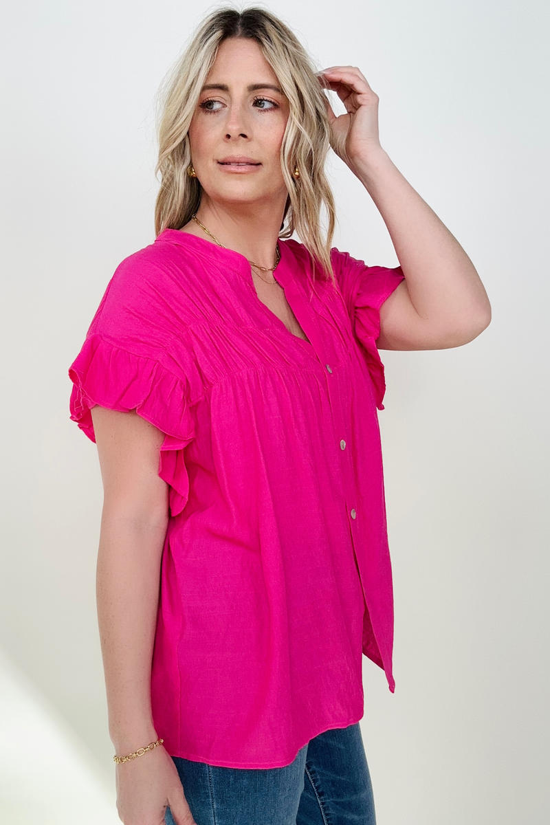 Woven Button Down Ruffle Sleeve Top - Multiple Colors