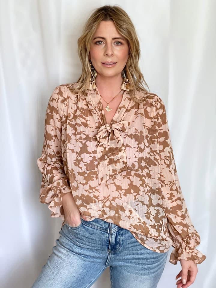 RACK SALE Floral Ties Top in Taupe - SMALL