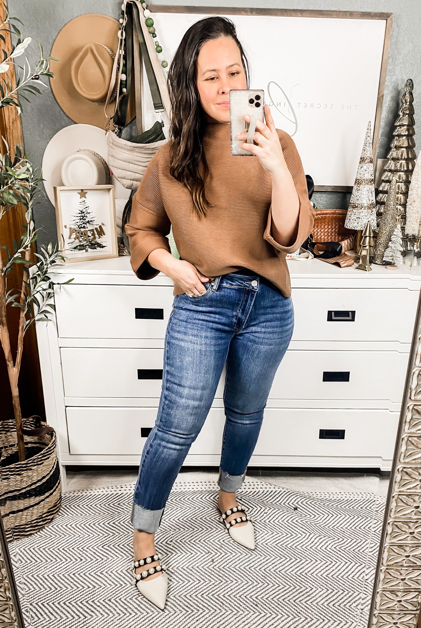 White Birch Long Cuffed Sleeve Ribbed Sweater Top