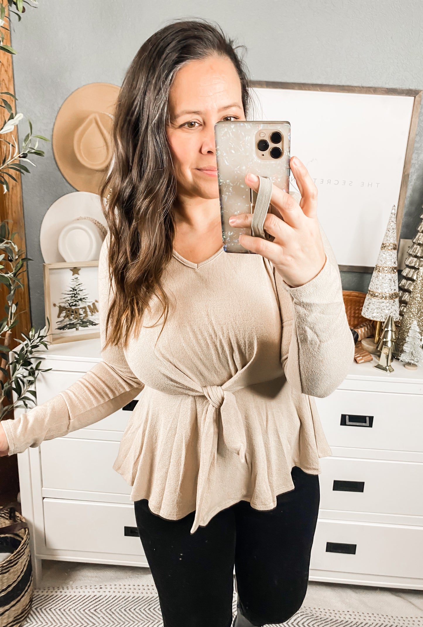 Long Sleeve Solid Front Tie Knit Top