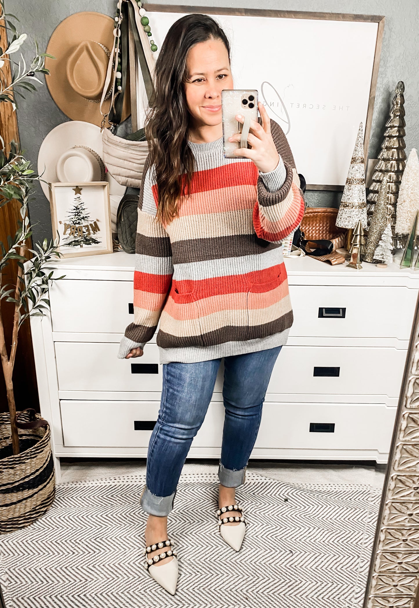 Multi Stripe Round Neck Long Sleeve Sweater with Pockets