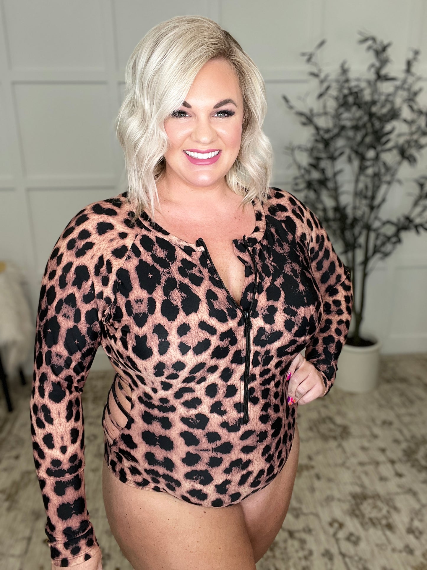 Montego Animal Print Zip Up Long Sleeve Swimsuit