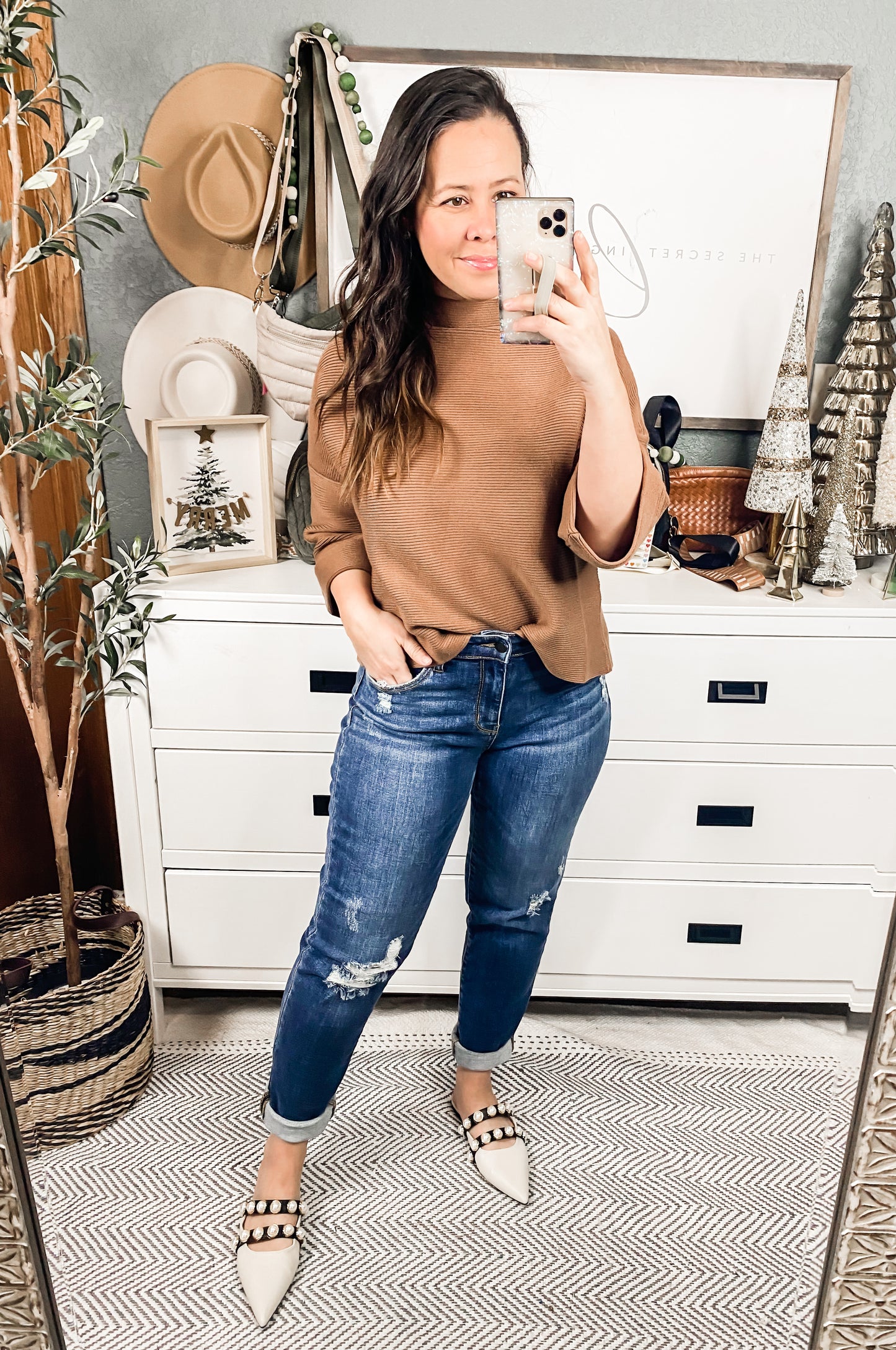 White Birch Long Cuffed Sleeve Ribbed Sweater Top