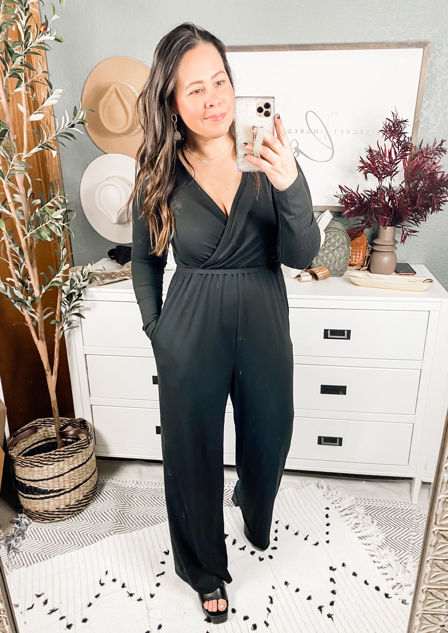 Onward & Upward Faux Wrap Jumpsuit In Black