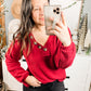 Long Sleeve Waffle Knit Top In Cranberry