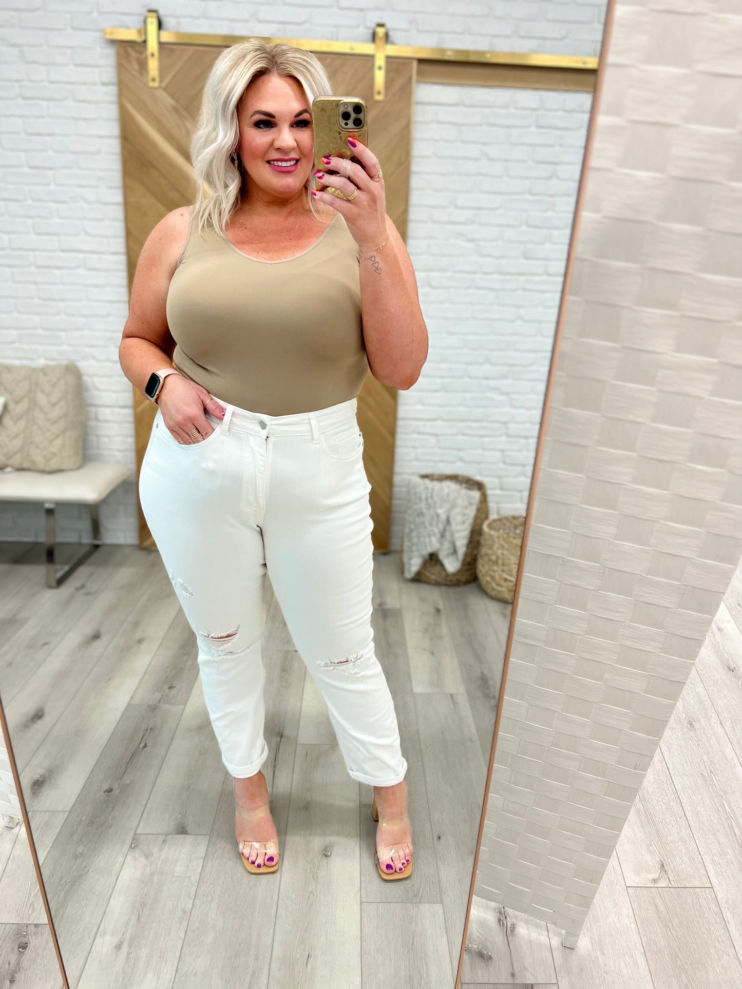 Judy Blue Mid-Rise Boyfriend Distressed White Jeans