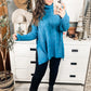 Solid Turtle Neck Cable Knit Hi-Low Sweater - Teal