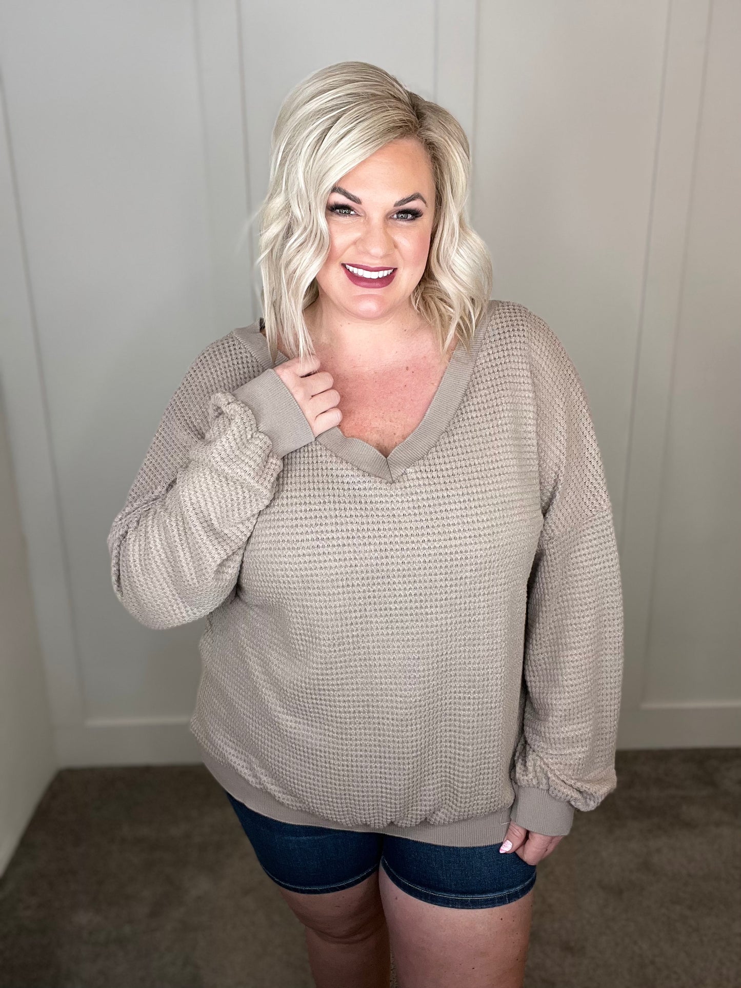 Caught a Vibe V-Neck Waffle Knit Top