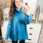 Solid Turtle Neck Cable Knit Hi-Low Sweater - Teal