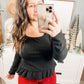 Square Neck Long Sleeve Solid Shirred Hemline Knit Top