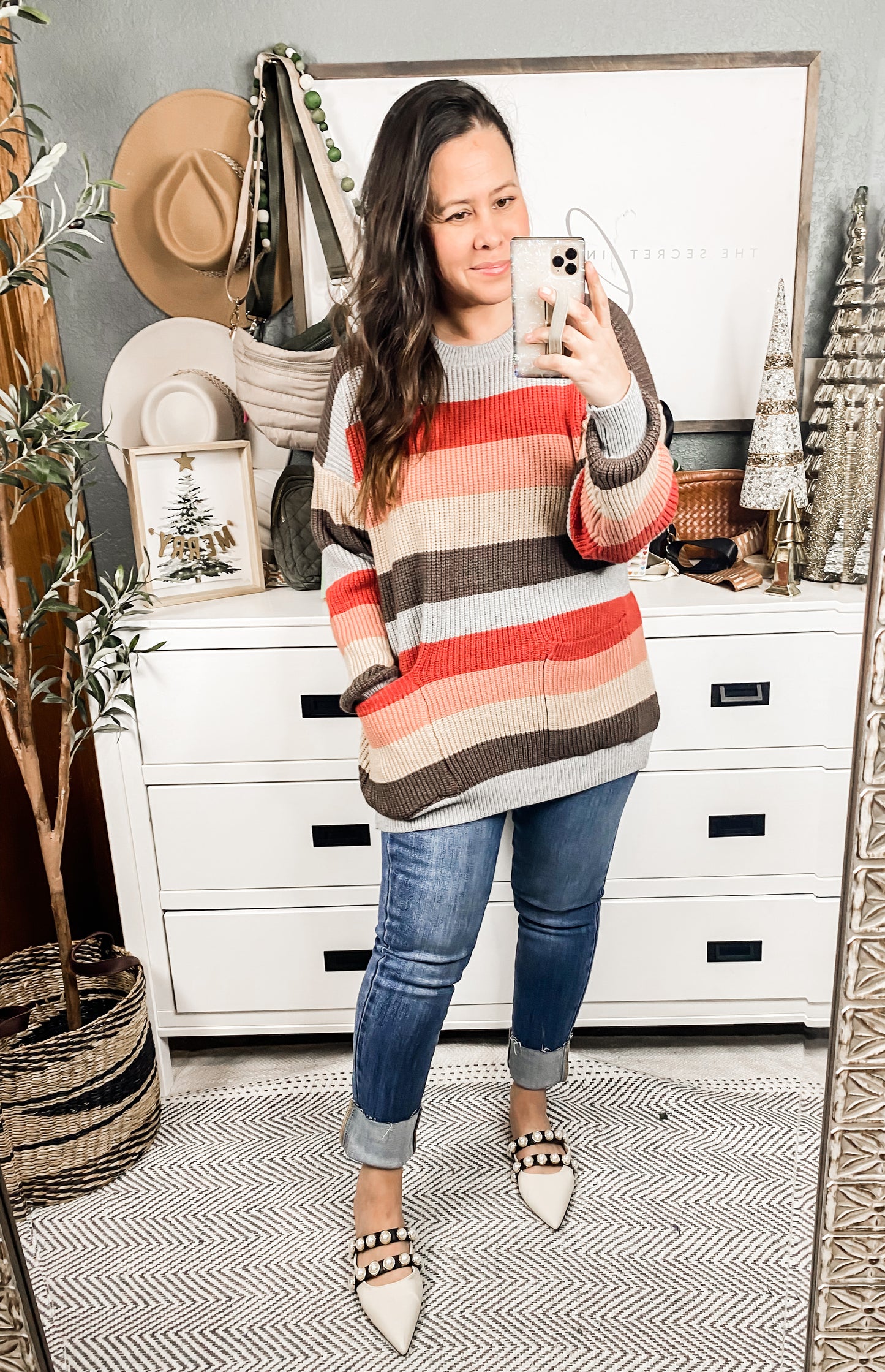 Multi Stripe Round Neck Long Sleeve Sweater with Pockets
