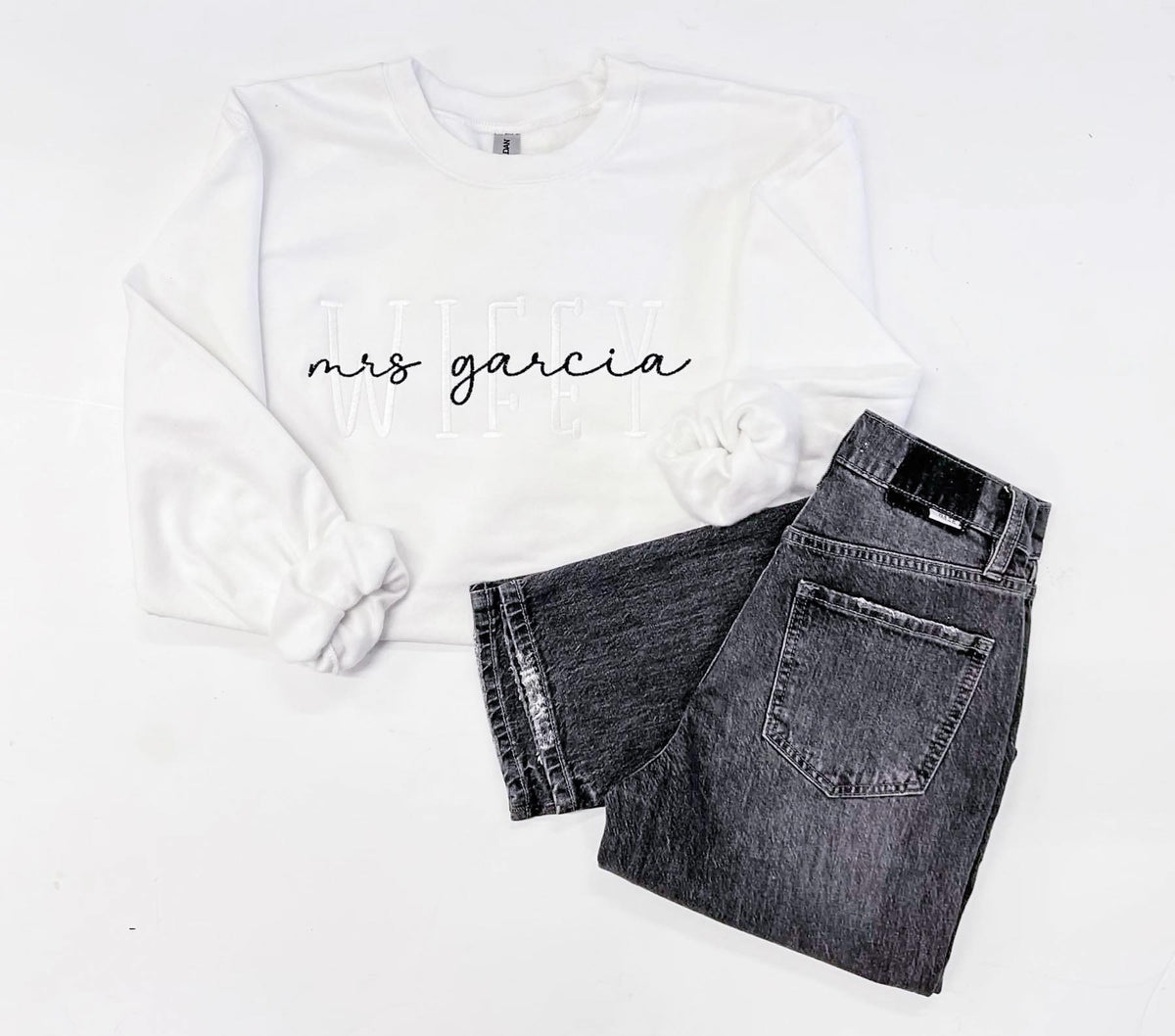 PREORDER: CUSTOM EMBROIDERED WIFEY SWEATSHIRT IN FOUR COLOR OPTIONS