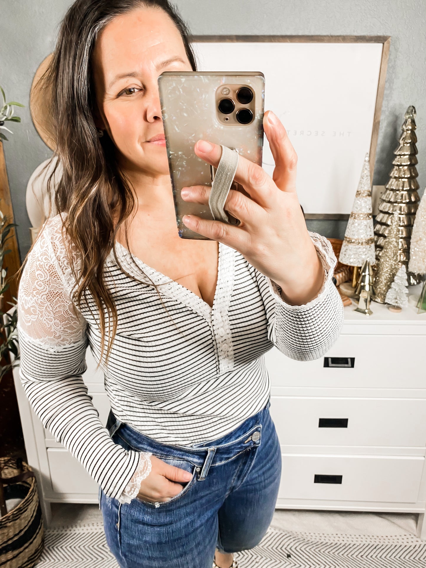 Long Sleeve Striped Bodysuit W/ Lace Trim
