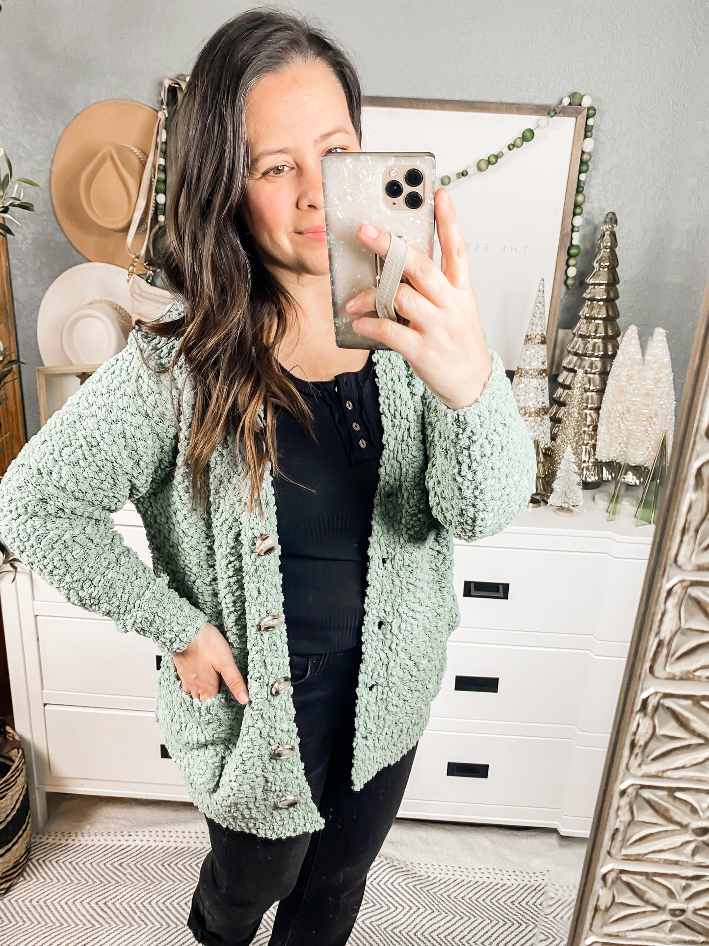 Popcorn Knit Cardigan In Light Green