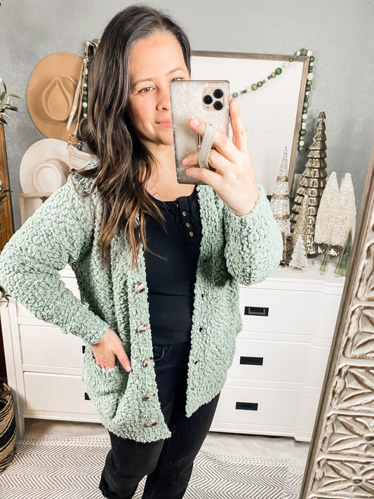 Popcorn Knit Cardigan In Light Green