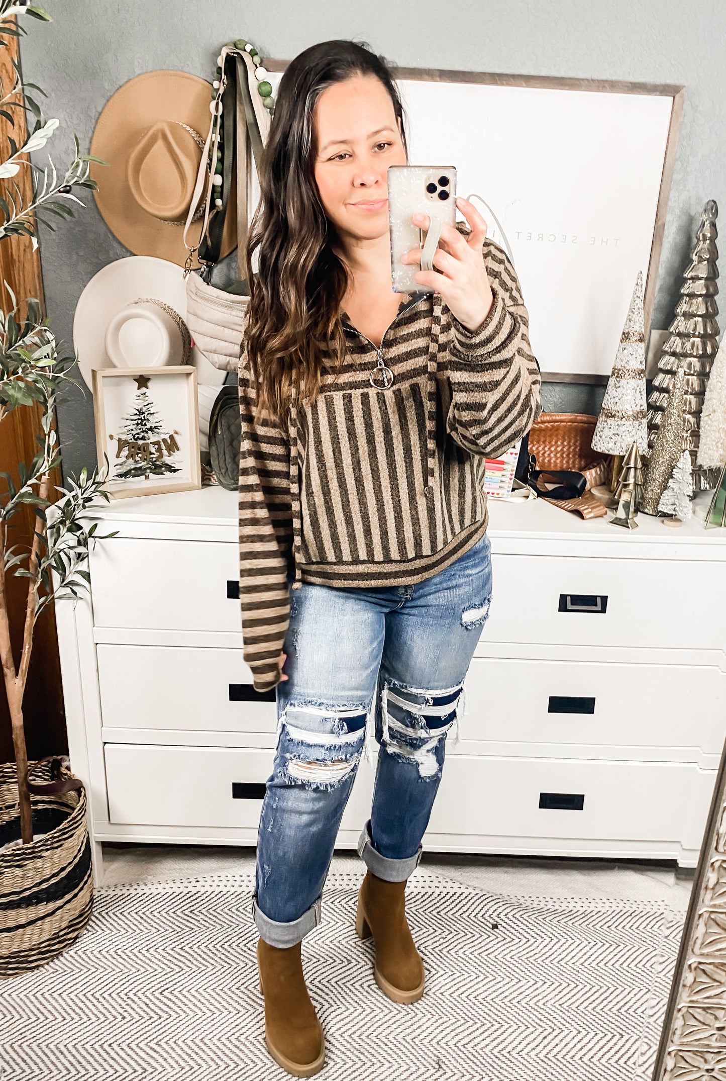 Stripe Long Sleeve Hooded Knit Top