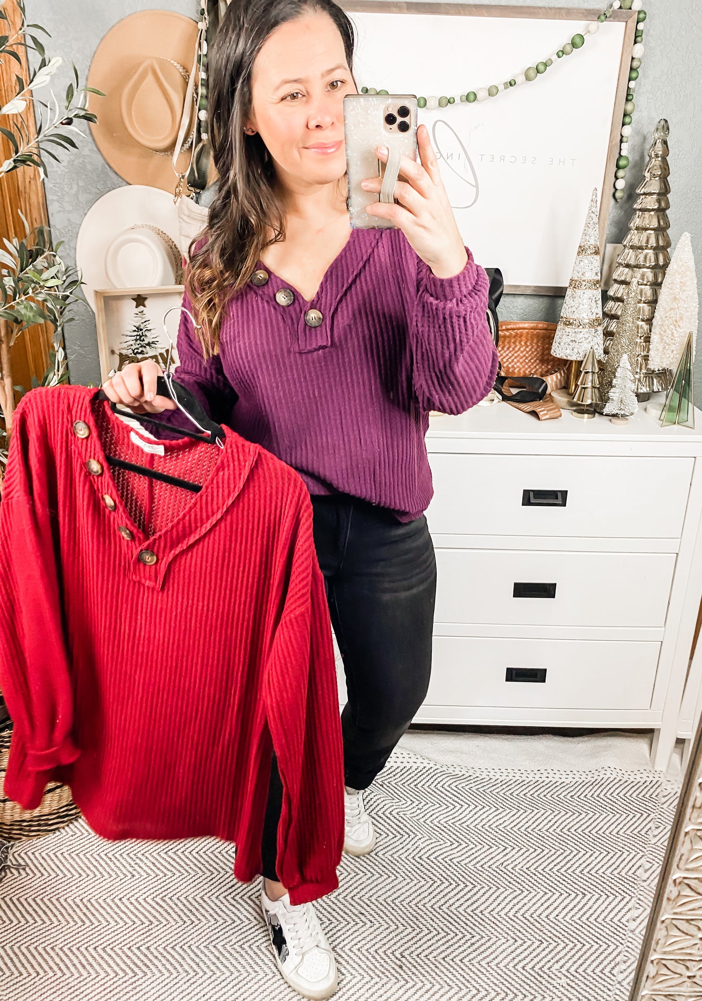 Long Sleeve Waffle Knit Top In Eggplant
