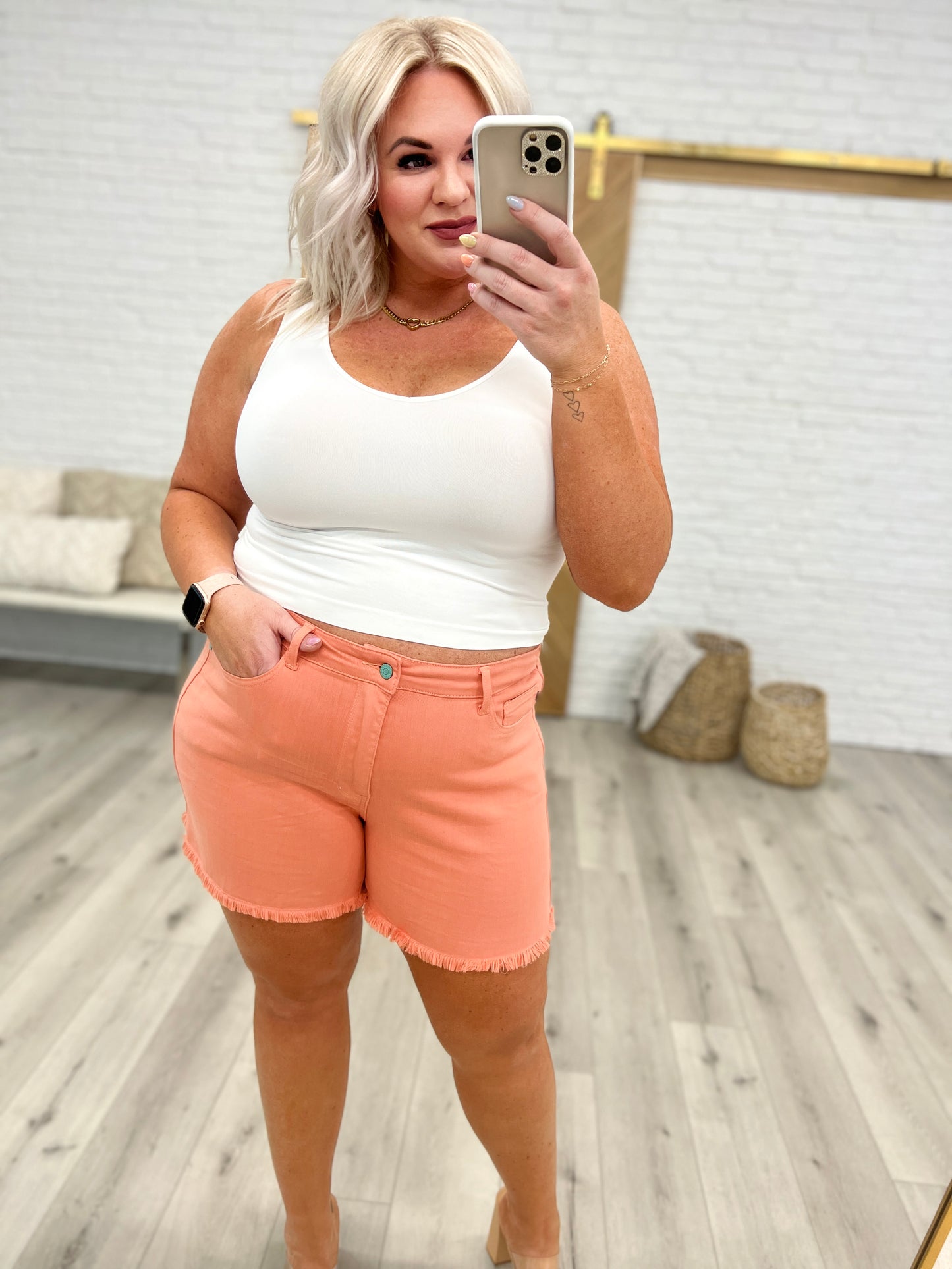 Judy Blue Mid Rise Cut Off Shorts - Peach