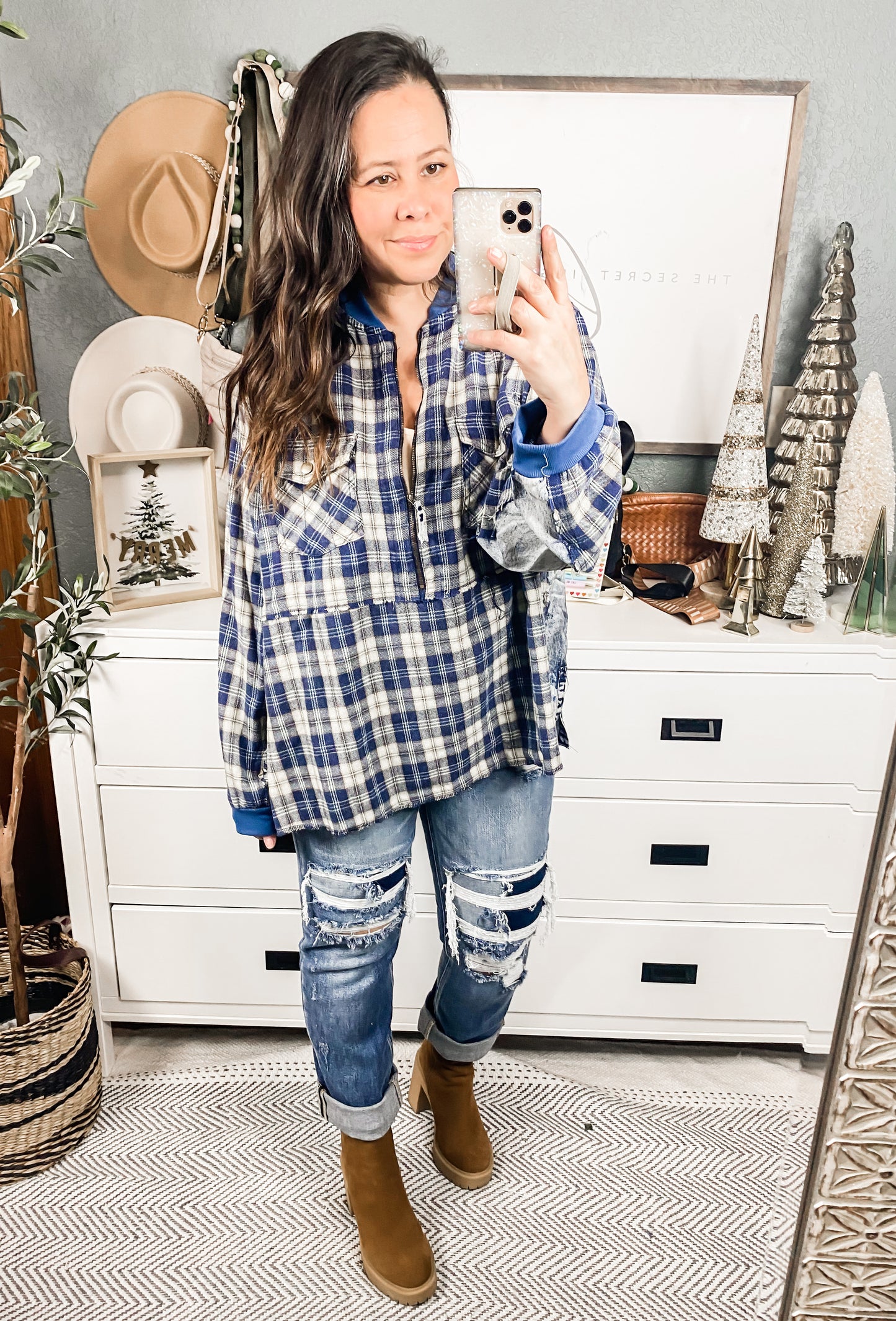 Comfy Half Zip Plaid Chambray Mixed Pullover